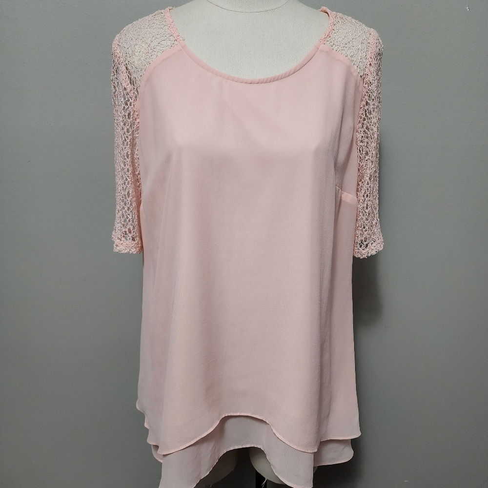 AGB pink chiffon lace sleeve layered blouse size large